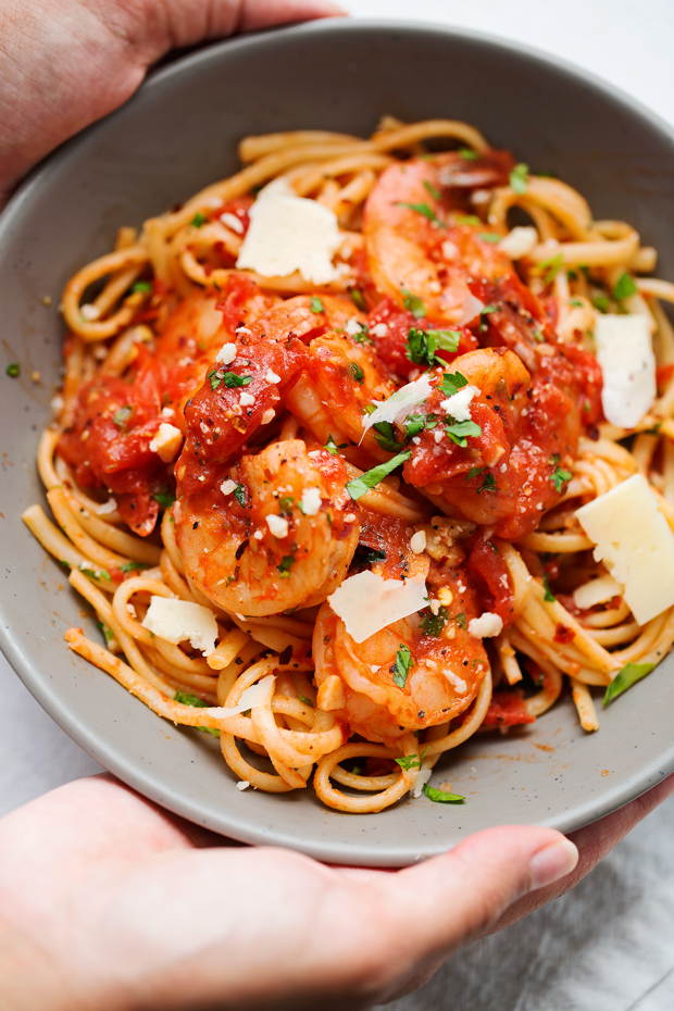 Spicy Shrimp Pasta with Tomatoes and Garlic