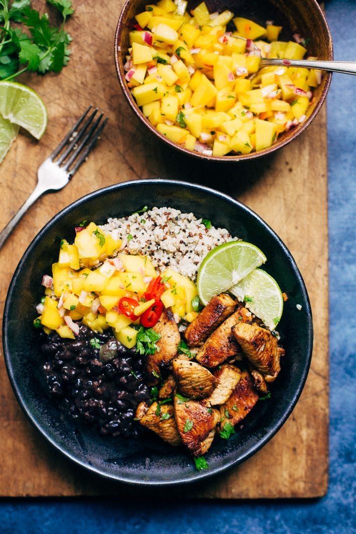 Cuban Mojo Chicken Quinoa Bowls with Mango Salsa and Black Beans