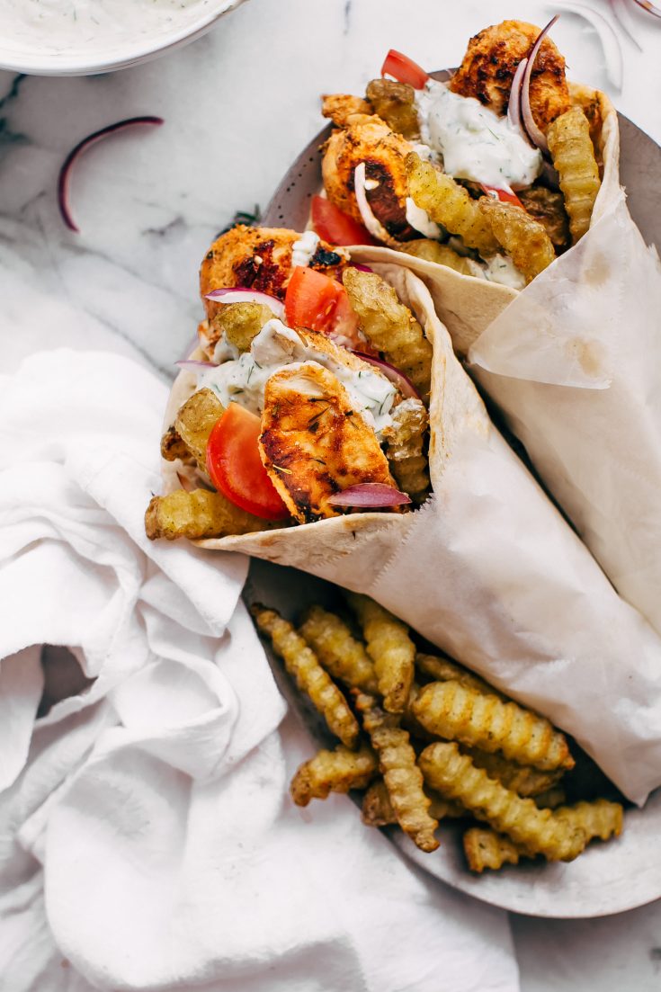 Easy Chicken Gyros with French Fries and Tzatziki Sauce