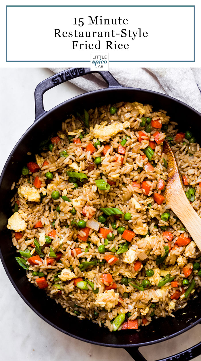 15 Minute Restaurant-Style Fried Rice - A quick and easy recipe to make fried rice at home that's better than take out! Most of the ingredients are pantry staples so you can make this in no time! #friedricerecipe #ricerecipe #takeoutrecipes #takeout #homemadefriedrice | Littlespicejar.com