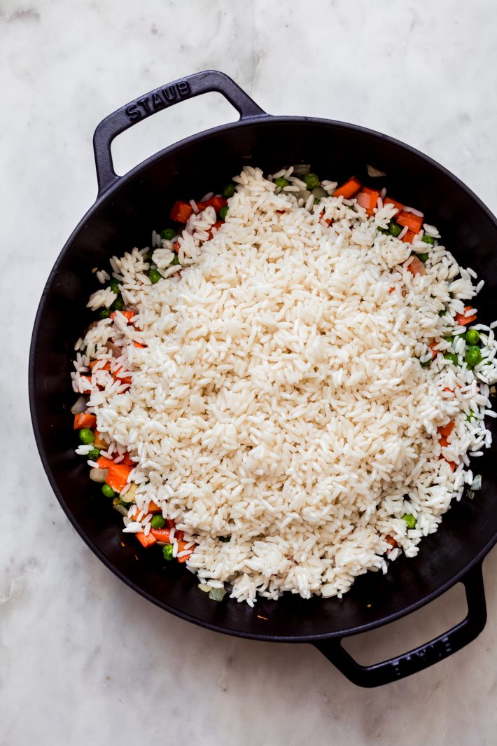 white rice added over veggies
