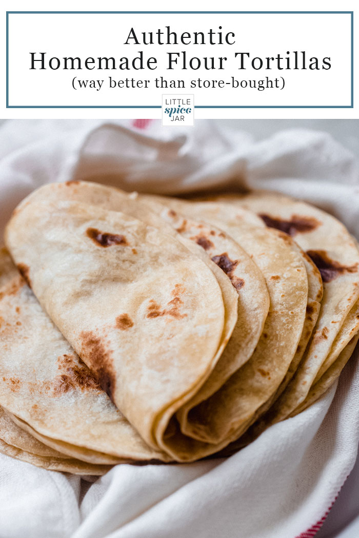 Authentic Homemade Flour Tortillas - Learn how to use 5 simple ingredients to make the best homemade tortilla! These tortillas can be cooked and frozen and make your taco Tuesday that much more special! #tacotuesday #tacorecipes #tortillarecipe #flourtortillas #cincodemayo #cincodemayorecipes | Littlespicejar.com
