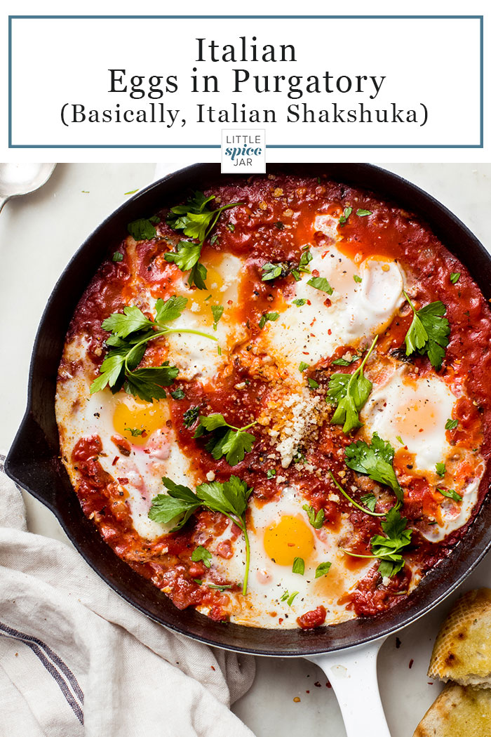 Eggs in Purgatory - an aromatic garlicky tomato sauce that's been slow simmered with eggs poached in the sauce. Great for breakfast, brunch, or even dinner! #eggsinpurgatory #shakshuka #italianshakshuka #poachedeggs #eggspoachedinsauce | Littlespicejar.com