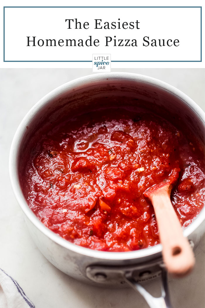 Homemade Pizza Sauce - This recipe calls for a handful of simple, pantry staple ingredients and make the best sauce! You can easily make a large batch and freeze it so you always have some on hand for pizza night! #pizzasauce #homemadepizzasauce #pizzasaucerecipe #bestpizzasauce | Littlespicejar.com