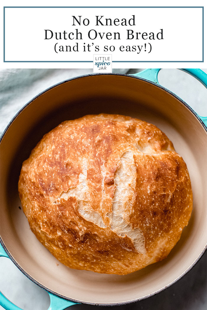 No Knead Bread - This easy bread can be made in your dutch oven in no time! It's easy enough for anyone to do and requires only 4 simple ingredients! #dutchovenbread #nokneadbread #homemadebread #homemadeboule #cheatersourdoughbread #breadrecipe | Littlespicejar.com