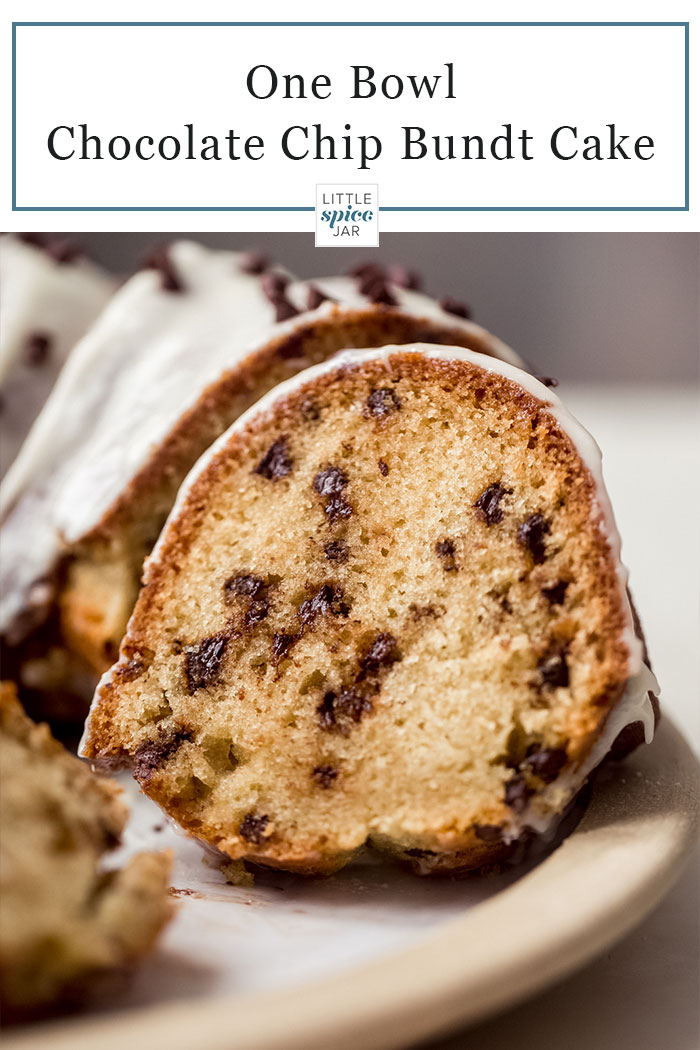 One Bowl Chocolate Chip Bundt Cake is perfect to make for Easter brunch or as a weekend baking project with the kids! Takes minutes to make and great to serve as breakfast of dessert! | #bundtcake #onebowlcake #chocolatechipbundtcake #vanillacake #easybundtcake | Littlespicejar.com