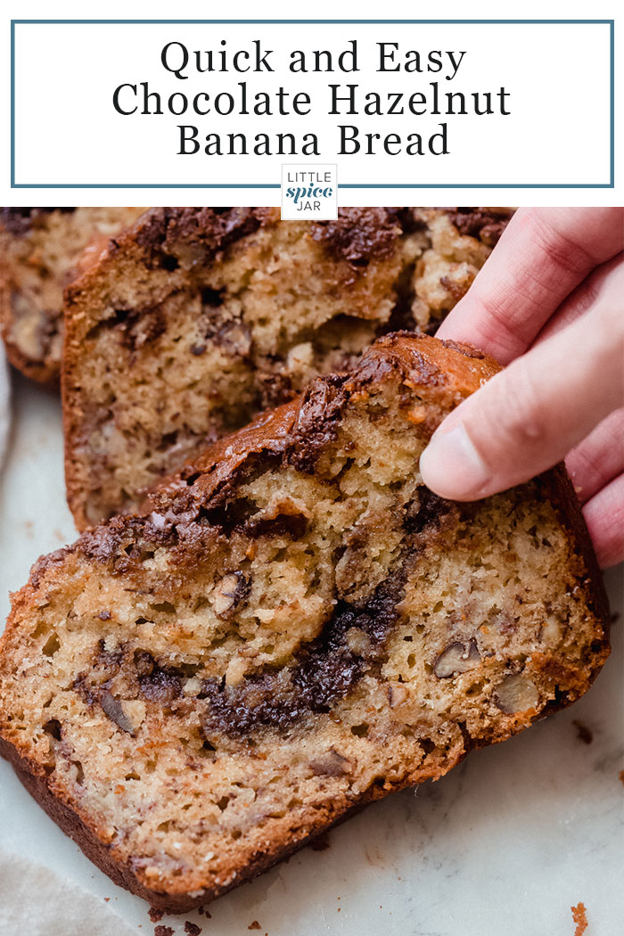 Swirled Nutella Banana Bread - an easy recipe for the best homemade banana bread! With a swirl of nutella in the center this banana bread is downright addicting! #nutellabananabread #bananabread #bread #bananabreadrecipe #easybaking #bakingrecipes | Littlespicejar.com