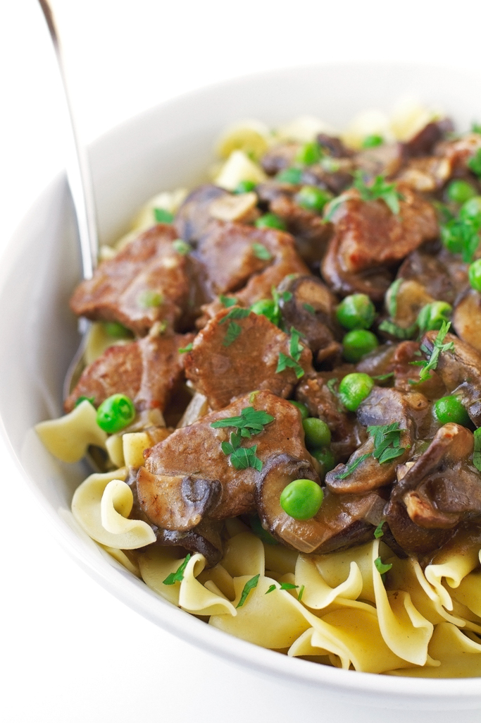 Beef Stew with Mushrooms Over Egg Noodles