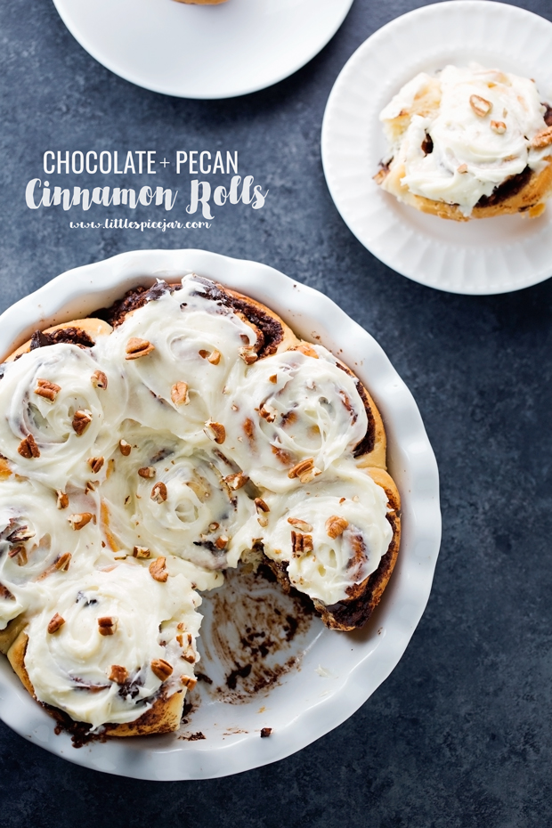 One Hour Chocolate Pecan Cinnamon Rolls with Cream Cheese Frosting