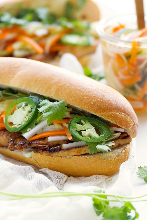 close up of chicken Banh Mi sandwich